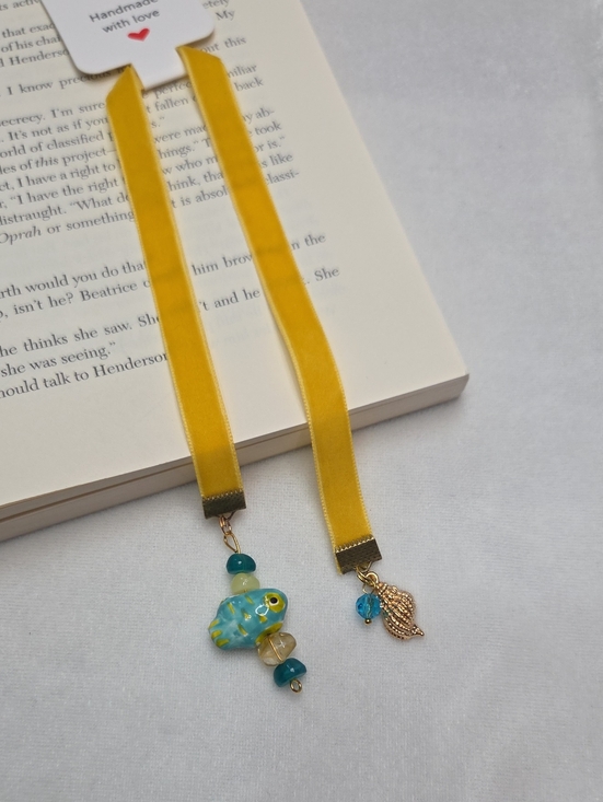 None Other - Handmade Yellow Velvet Ribbon Blue Fish Beaded Bookmark Gold Seashell Charm